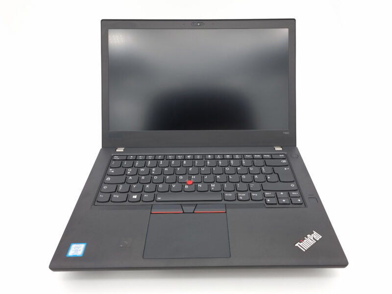 Frontalansicht des Lenovo ThinkPad T480 mit geöffnetem Display und sichtbarer Tastatur im klassischen ThinkPad-Design.