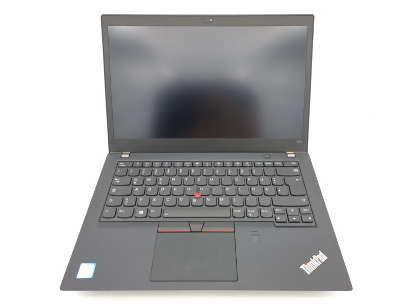 Frontalansicht des Lenovo ThinkPad T480s mit geöffnetem Display und sichtbarer Tastatur in klassischem ThinkPad-Design.