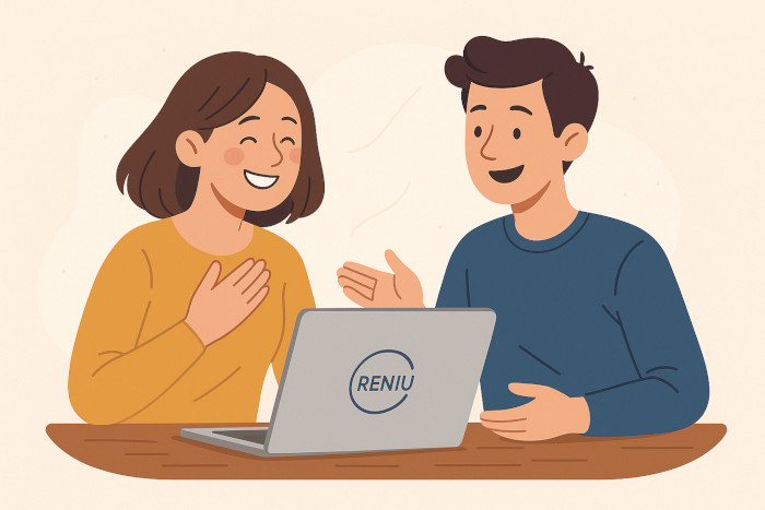Illustration von zwei jungen Menschen vor einem Laptop mit reniu-Logo – die Studentin wirkt erleichtert und lacht, während ihr Gegenüber unterstützt und erklärt. Symbolbild für unkomplizierte Hilfe und Support bei reniu.