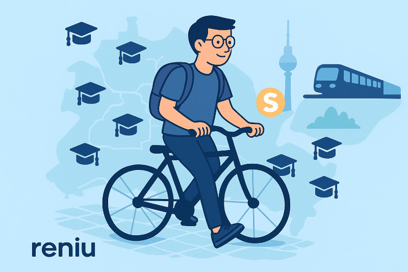 Illustration eines Studenten auf dem Fahrrad vor Berliner Skyline und Hochschulsymbolen – reniu bietet günstige Geräte und persönlichen Service für Studierende in Berlin.