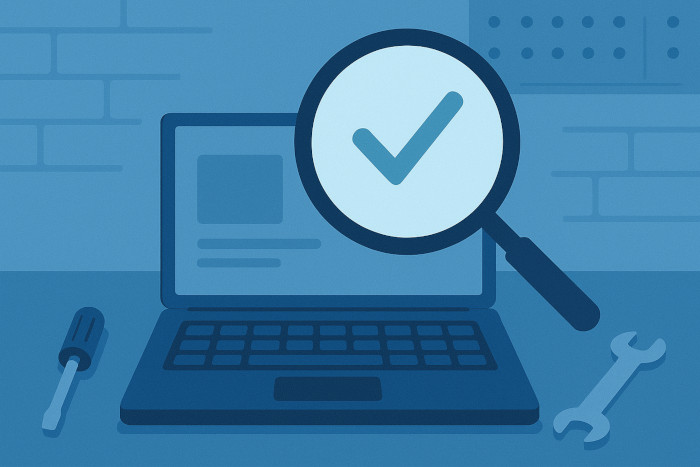 Illustration eines geprüften Laptops mit Lupe und Checkmark auf Werkbank – Qualitätsprüfung bei reniu