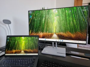 Windows Installation Service in Berlin – Laptop mit externem Monitor und sauber installiertem Windows Desktop